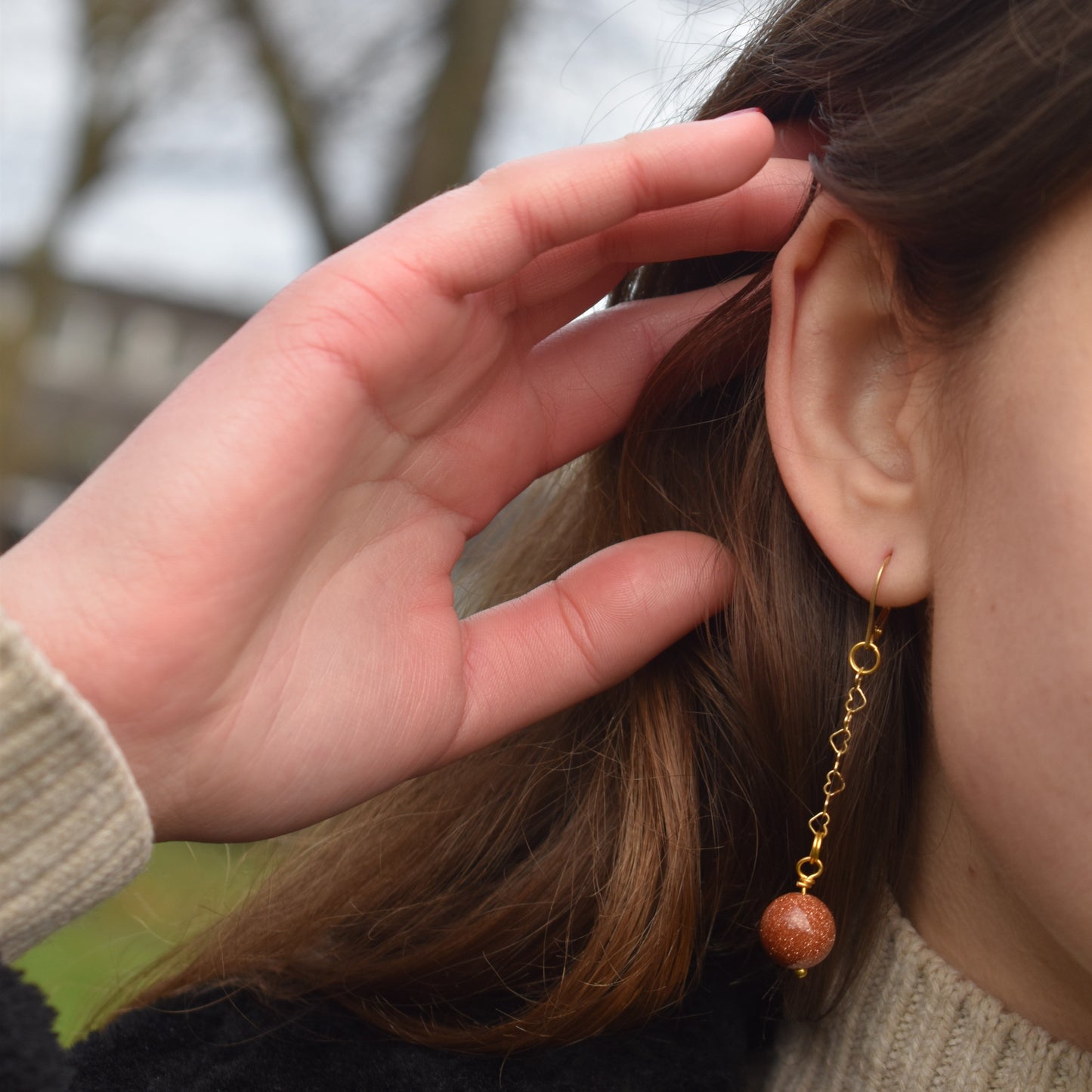 Brown Goldstone and Yellow Gold Vermeil Earrings, Heart Chain Earrings, Bloom Collection | by nlanlaVictory-1