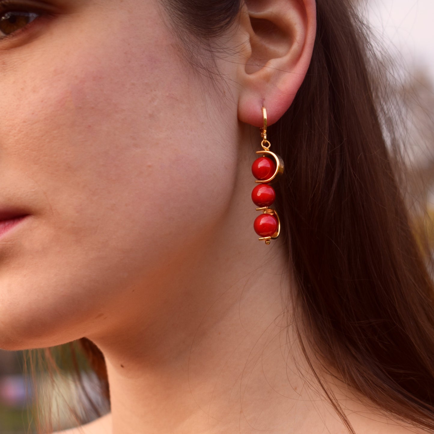 Coral gemstone asymmetric gold huggie earrings | by Ifemi Jewels-3