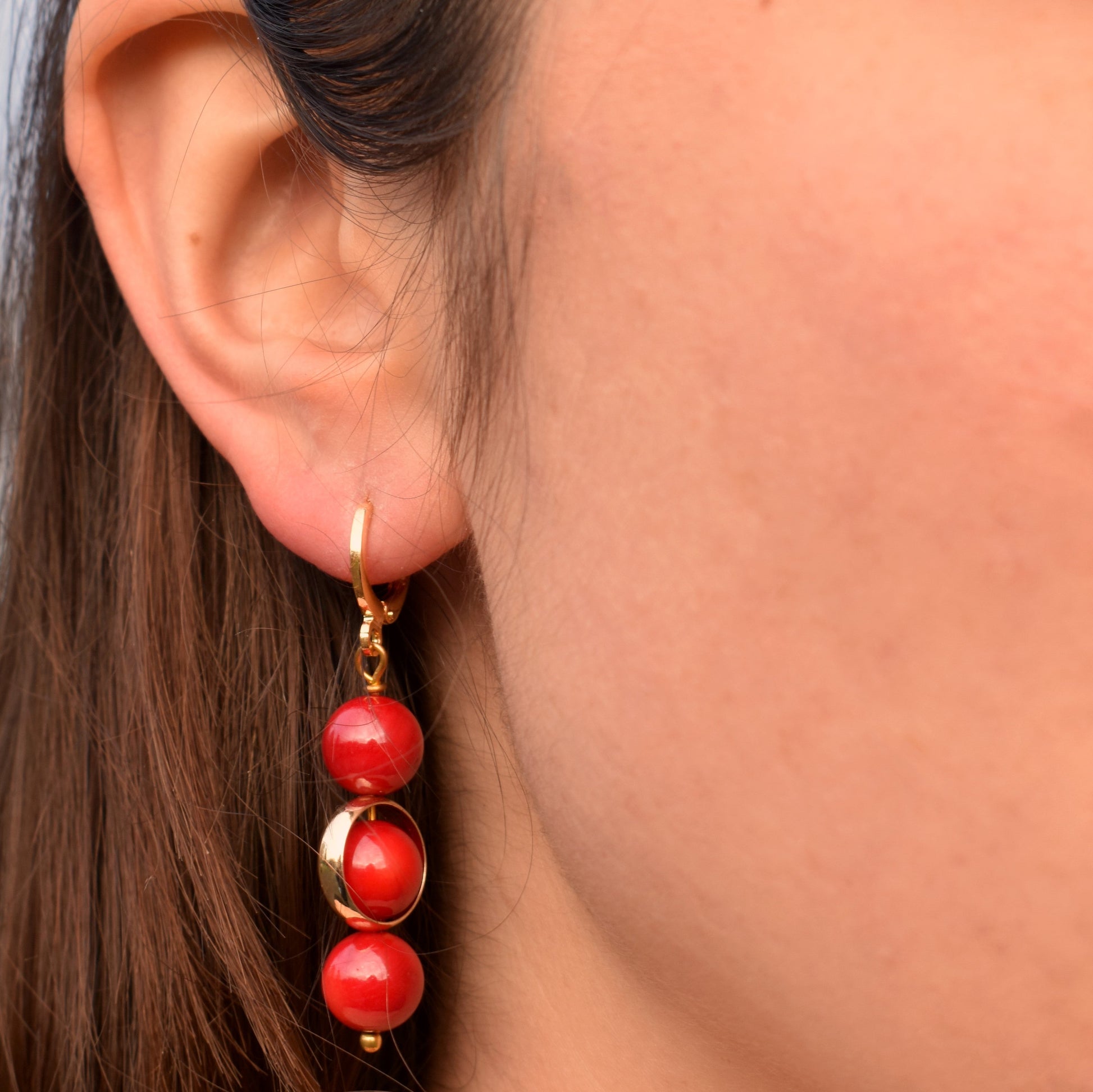 Coral gemstone asymmetric gold huggie earrings | by Ifemi Jewels-2