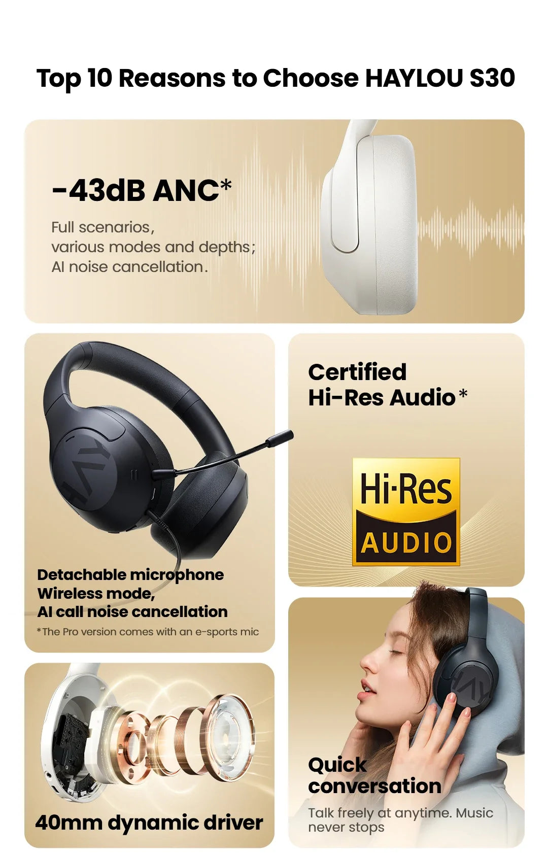HAYLOU S30 ANC Headphones  Wireless Bluetooth 5.4 Hi-Res Headsets 43dB Adaptive Noise Cancelling Earphones 40mm Driver 80H